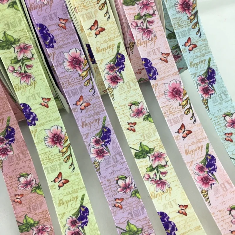 5Y 2.5cm Beautiful Flowers Printed Satin Ribbon For Handmade DIY Craft Bows  Marriage Easter Christmas Deco Gift Floral Packing