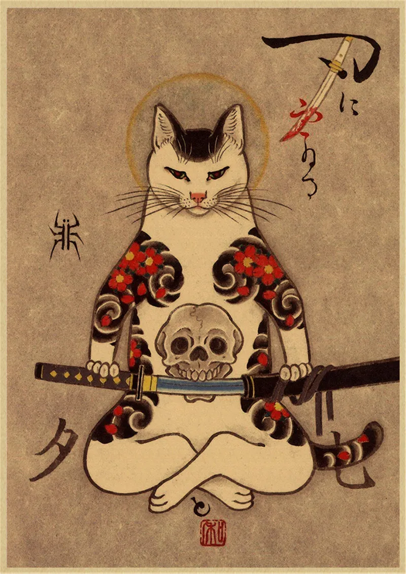 Póster de arte retro para decoración de sala de estar, arte de pared, carteles de pintura, tatuaje de gato samurái japonés, kraft, dormitorio