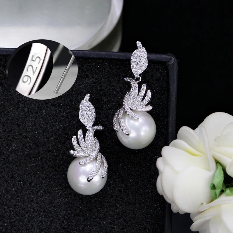 CWWZircons Geometric Silver Color Cubic Zirconia Leaf Dangly Drop Pearl Earrings for Women Trendy Jewelry Accessories E0007