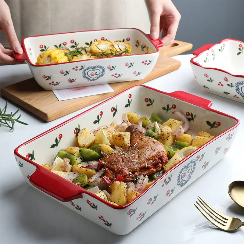 Cherry Baking Pan Ceramic Dish Creative Household Large Double Ear Baking Bowl Baked Rice Bowls Rectangular Plate Japanese-style