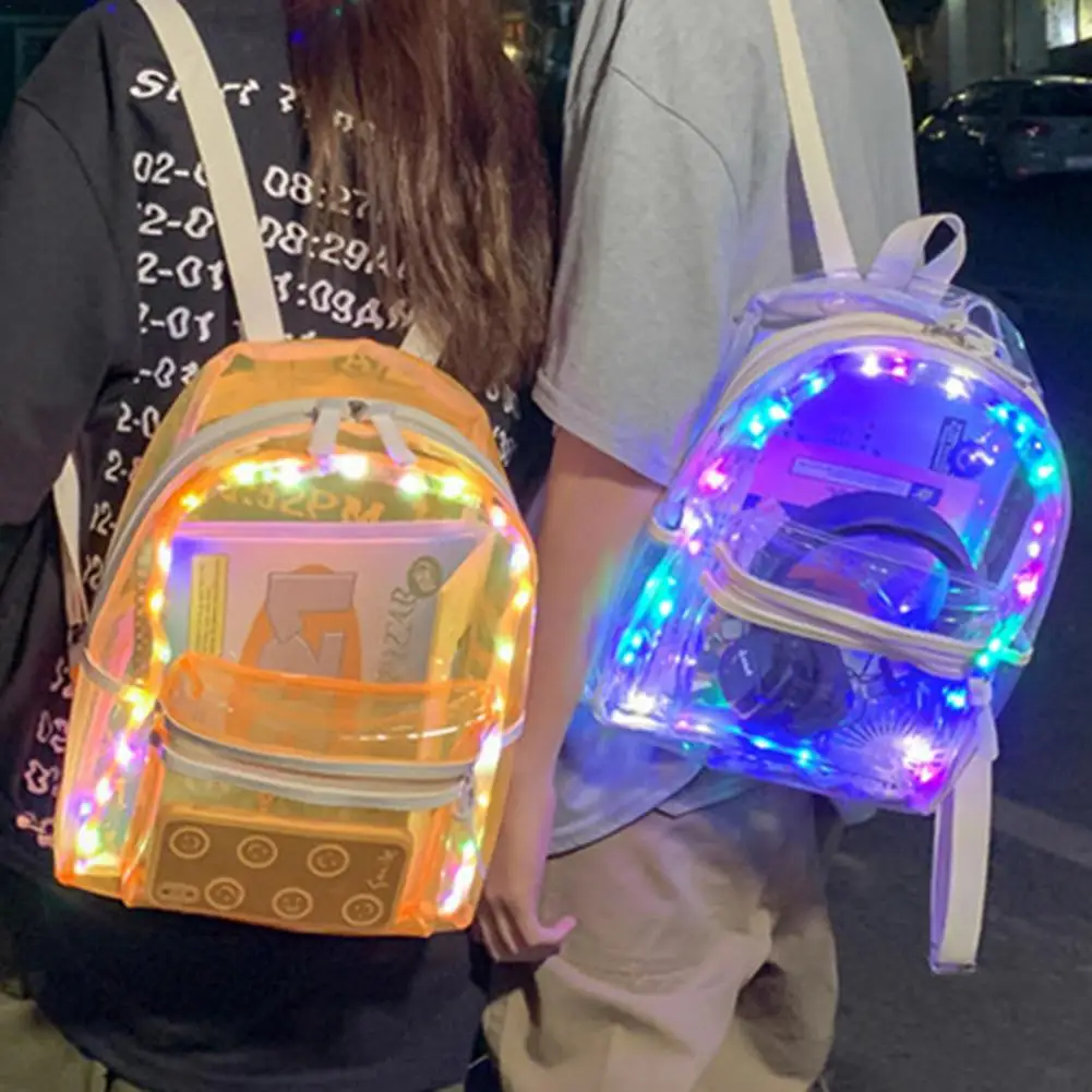 Mochila de PVC transparente com luzes LED, Clear Schoolbag para meninos e meninas, Luminous Night Bag, Outdoor Travel Bag, legal