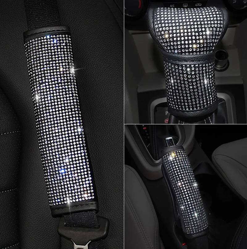 

Bling Bling Rhinestones Crystal Car Handbrake Cover Gear Shift Collars Cover Seat Belt Cover Pad Car Accessories Interior Woman