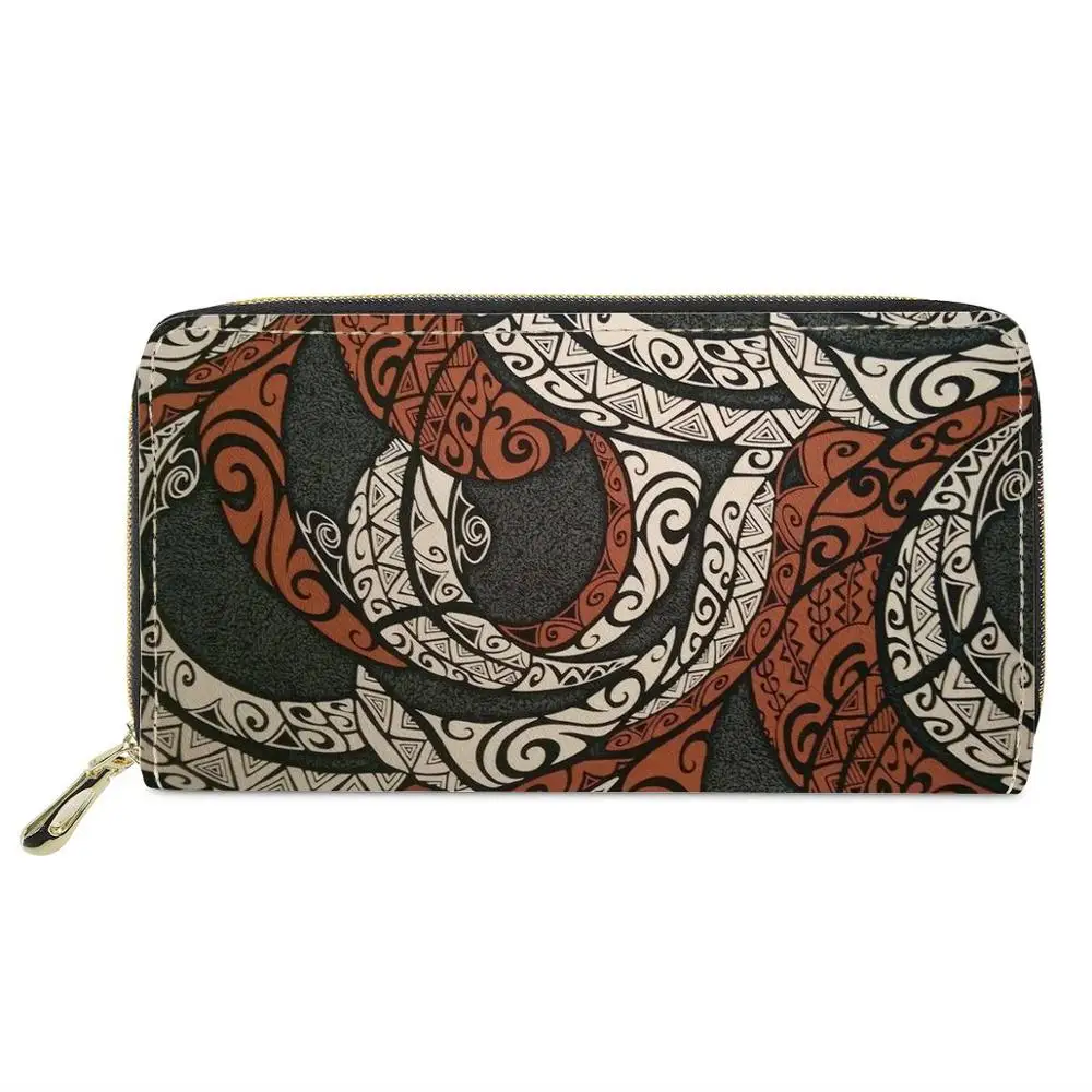 

Polynesian tribal style Pattern Woman Cluth Wallet design custom Brand Design Female Zipper Big Purse Phone Credit Card Holder