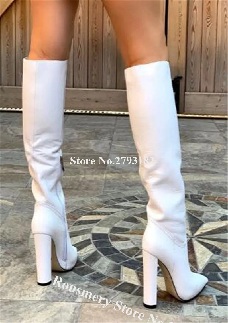 

Women Elegant Fashion Pointed Toe Knee High Chunky Heel Boots White Leather Long Thick High Heel Boots Formal Dress Heels Shoes