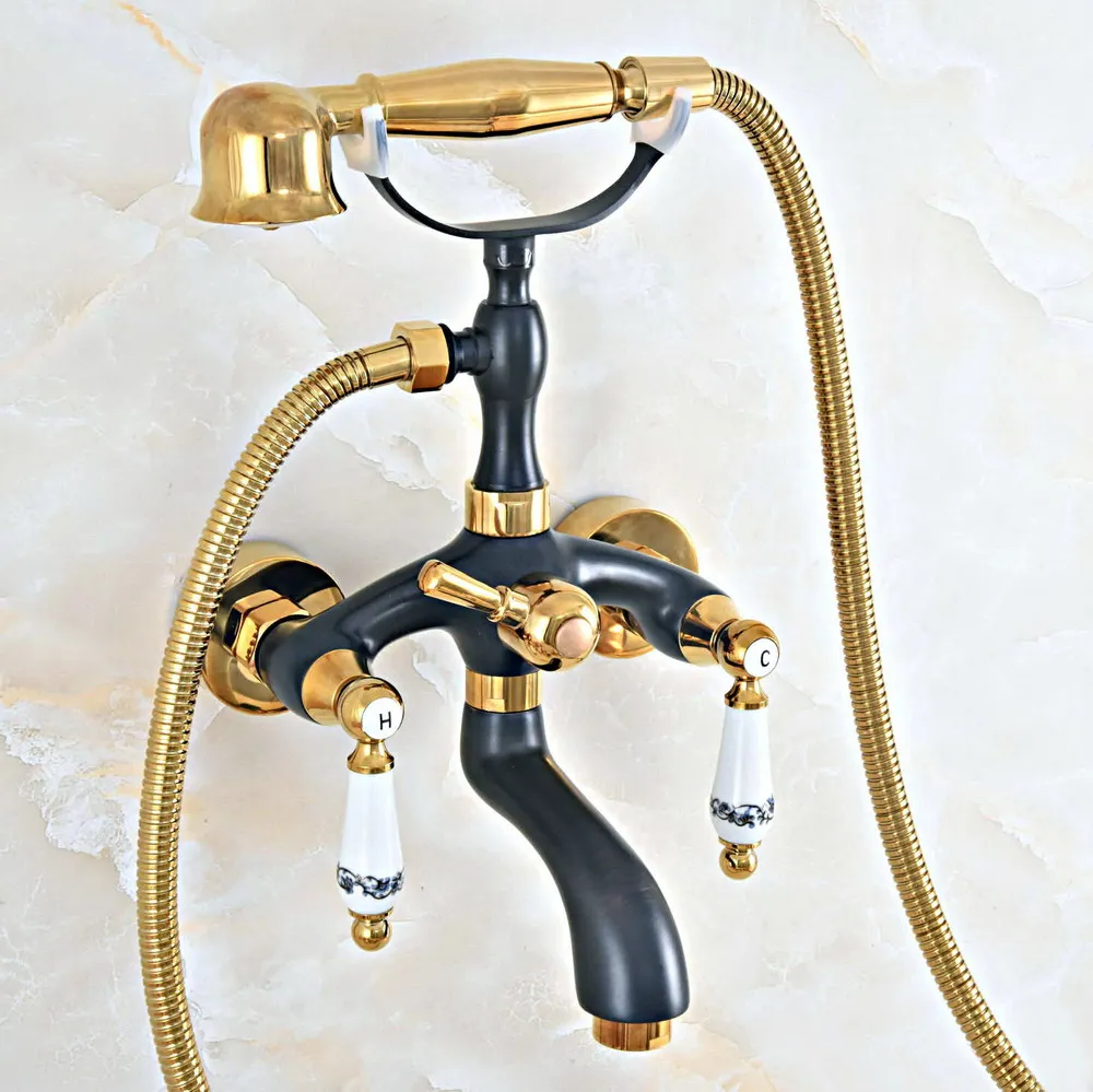 

Black Gold Wall Mount Bathtub Tub Mixers Two Ceramic Handles Bathroom Bath Shower Faucet with Handshower zna439