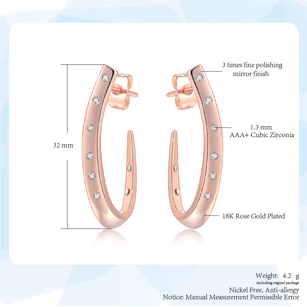 Top Quality Austrian Crystal Stud Earrings for Women Rose Gold Color Geometric Arc Shape Fashion Jewelry for Girl HotSale E598