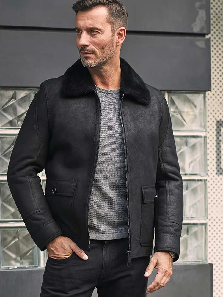 New Mens Shearling Coat Short Fur Jacket Natural Sheepskin Overcoat Lapel Casual Winter Outwear