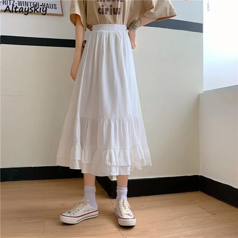 Long Skirts Women Preppy Style Solid A-line Vintage High-Waist Summer Teen Girls Frill Ruffles Bottoms Chic Pastel Mujer Faldas