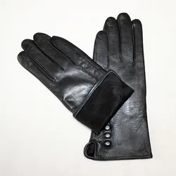 Leather Gloves Female Metal Button Style Velvet Lining Warm Autumn and Winter Free Shipping Sheepskin Gloves