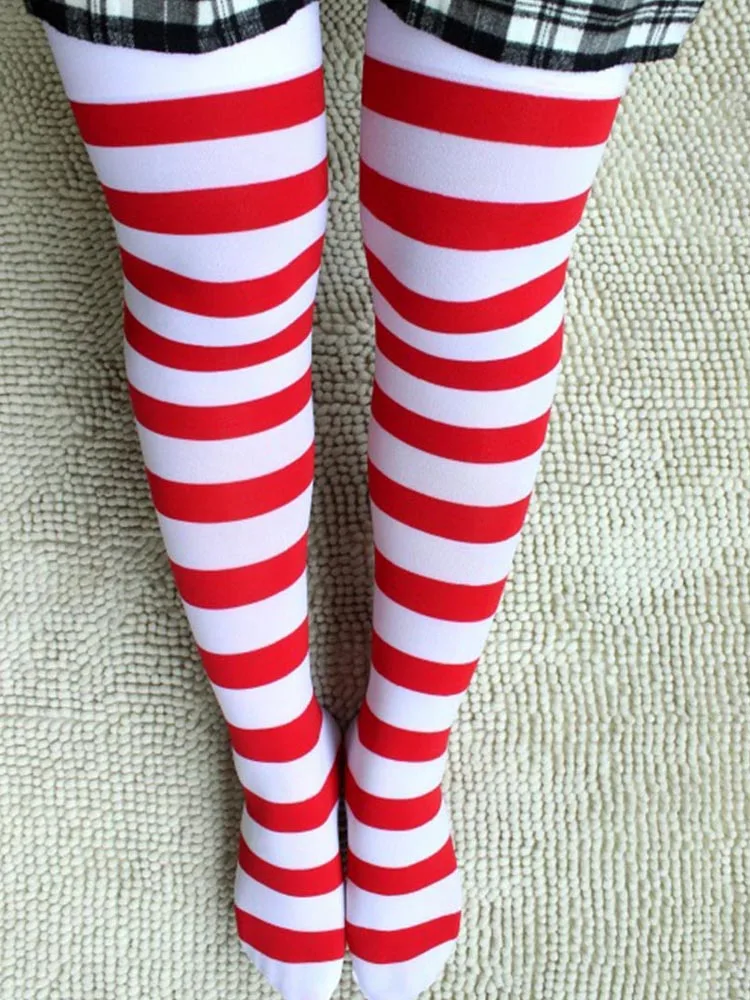 Red White Girl Striped Lolita Thigh High Stockings Candy Cane Elf Ann and Andy Cosplay Cos XMAS Costume