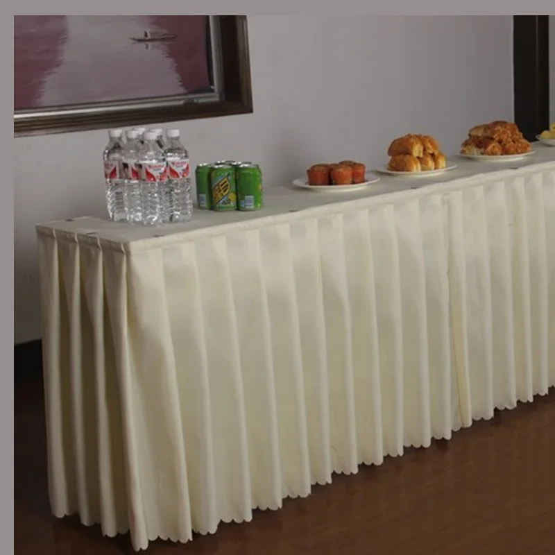 

Quality thick plain polyester fabric table skirting wedding table skirt home table skirting