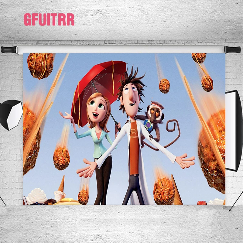 GFUITRR Cloudy With A Chance Of Meatballs Photography Backdrops Kids Birthday Photo Backdrops Custom Cartoon Decorations Vinyl