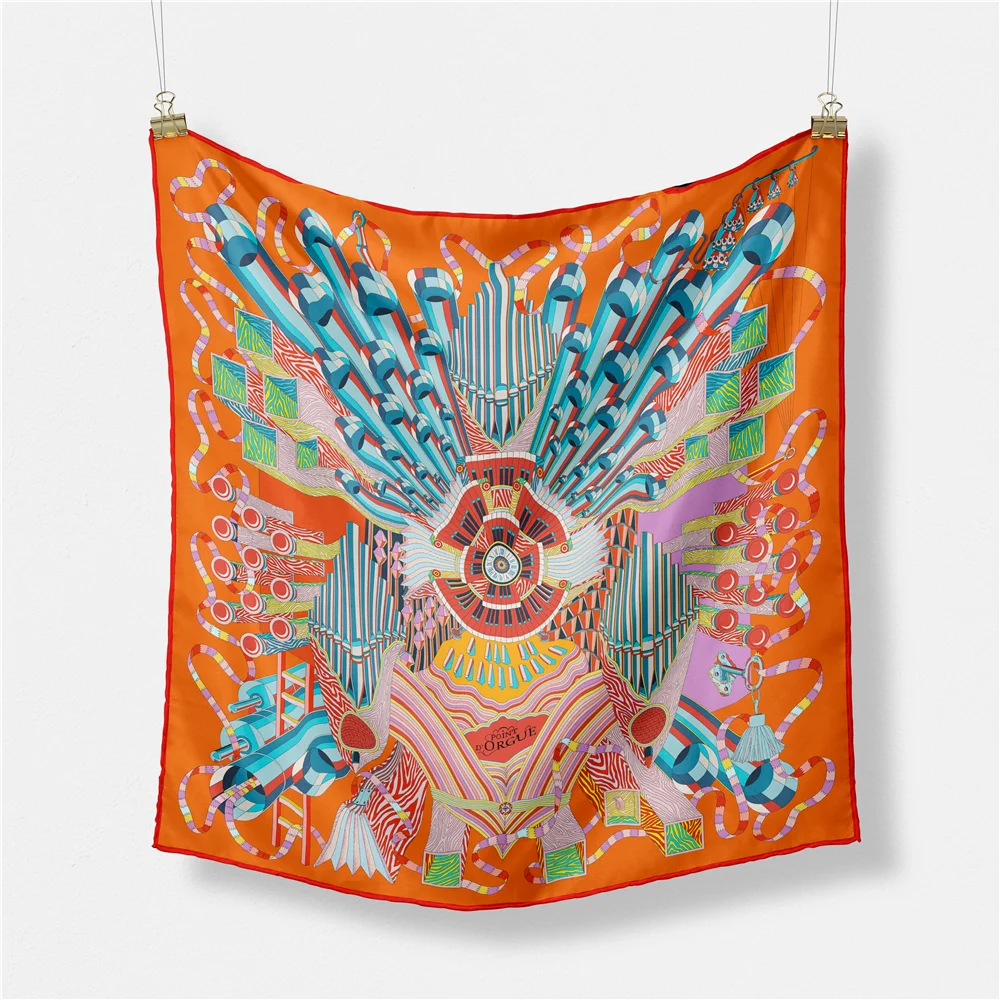 Twill Silk Scarf Woman Geometric Painting Square Scarves Wraps Bandana Small Hijab Silk Foulards Tie Headband Neckerchief 53CM