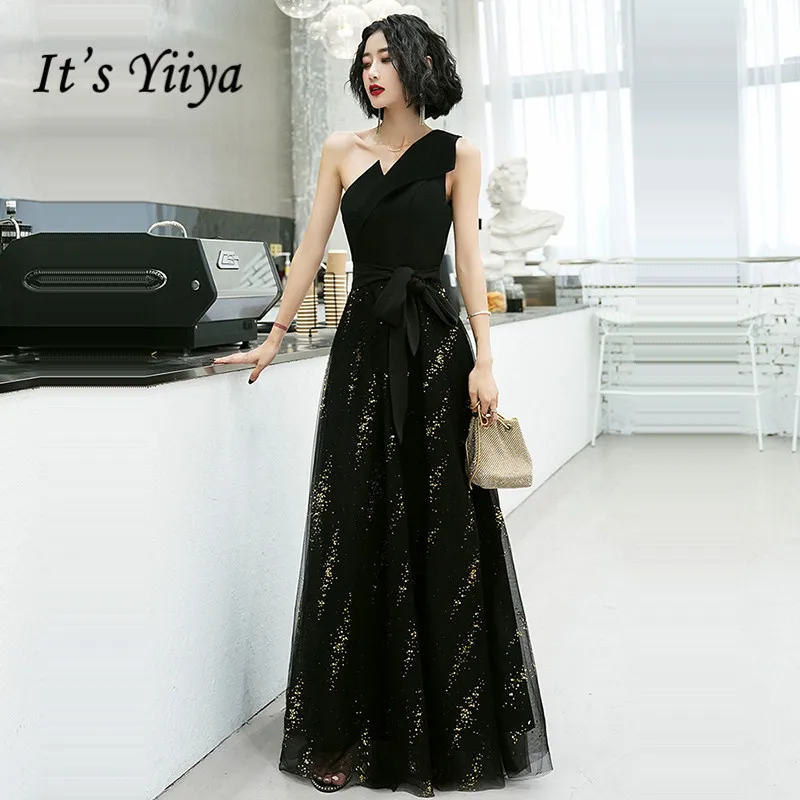 It's Yiiya Black Formal Dress One Shoulder Evening Dress 2020 Sleeveless Plus Size Sequined Zipper Floor Length Dress K370