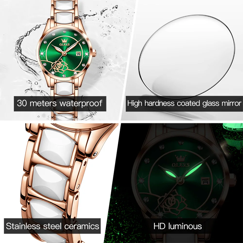 OLEVS Luxury Women Watch Camellia Quartz Japan Movement 30M Waterproof Watch For Women Ceramics Women Wristwatch