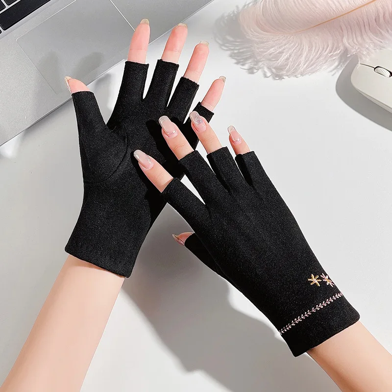 Autumn Winter Women Cotton Warm Touch Screen Half-Finger Gloves Exquisite Embroidery Writing Office Computer Work Drive Cycling