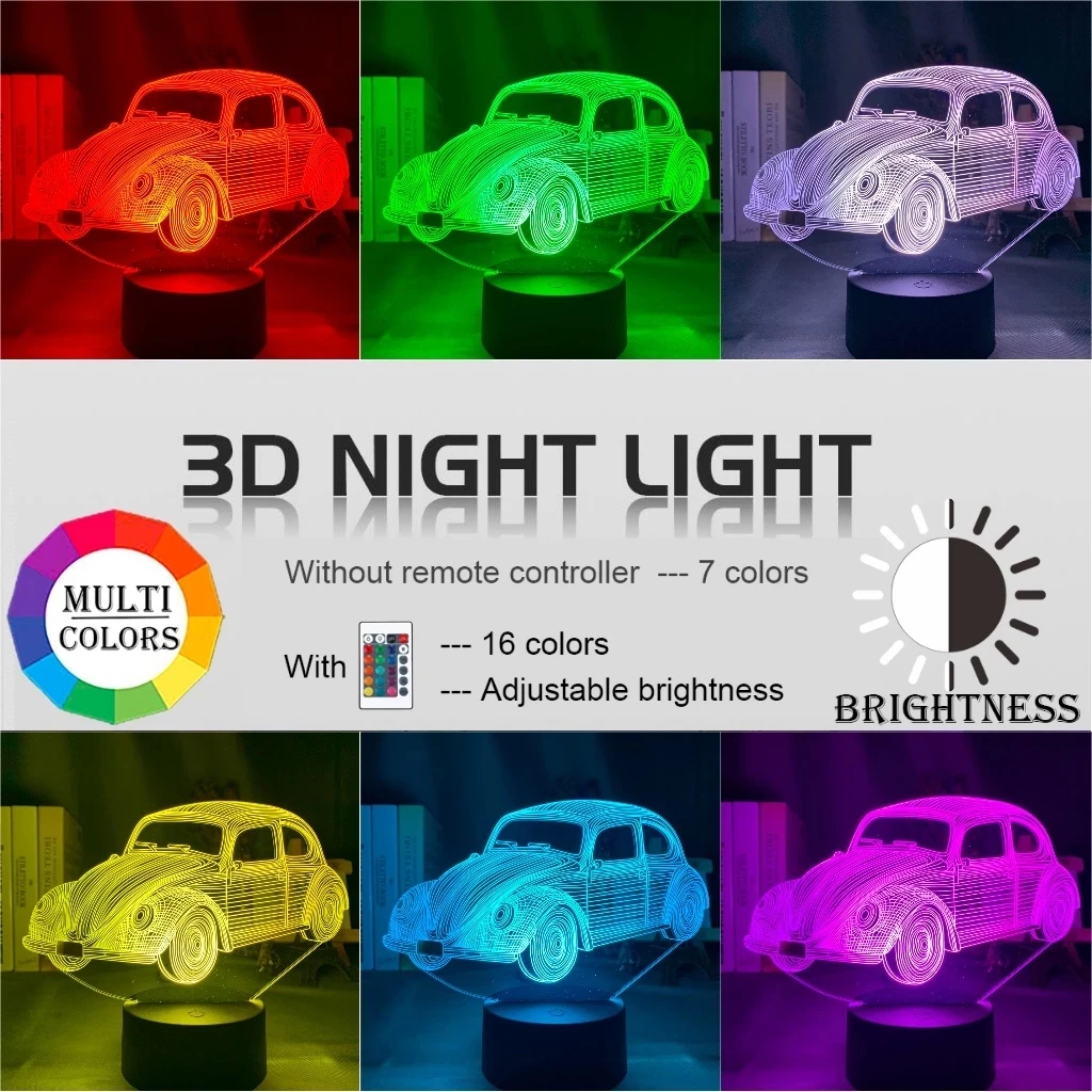 Acrylic 3d Lamp Car Volkswagen Beetle Model Colorful Nightlight for Kids Child Bedroom Decor Battery Powered Led Night Light