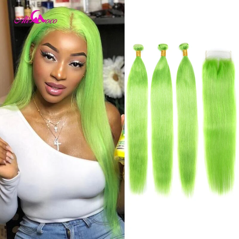 

Ali Coco Green Brazilian Straight Hair 3 Bundles With 4X4 Lace Closure 100% Human Hair Bundles With Closure Remy Hair Extensions