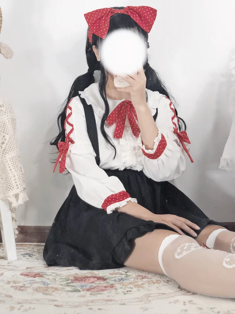 Nhật Bản Học Sinh Sweet Lolita Bộ Cổ Peter Pan Nơ Lolita Áo Sơ Mi + Falbala Dây Váy Đáng Cô Gái Gothic Lolita Bộ loli