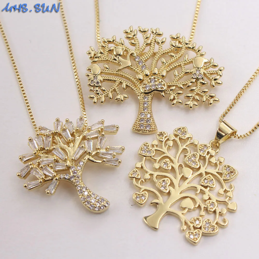 MHS.SUN Fashion Women Zircon Tree Pendant Necklace Gold Color Charms Chain Choker Female CZ Jewelry Christmas Gift