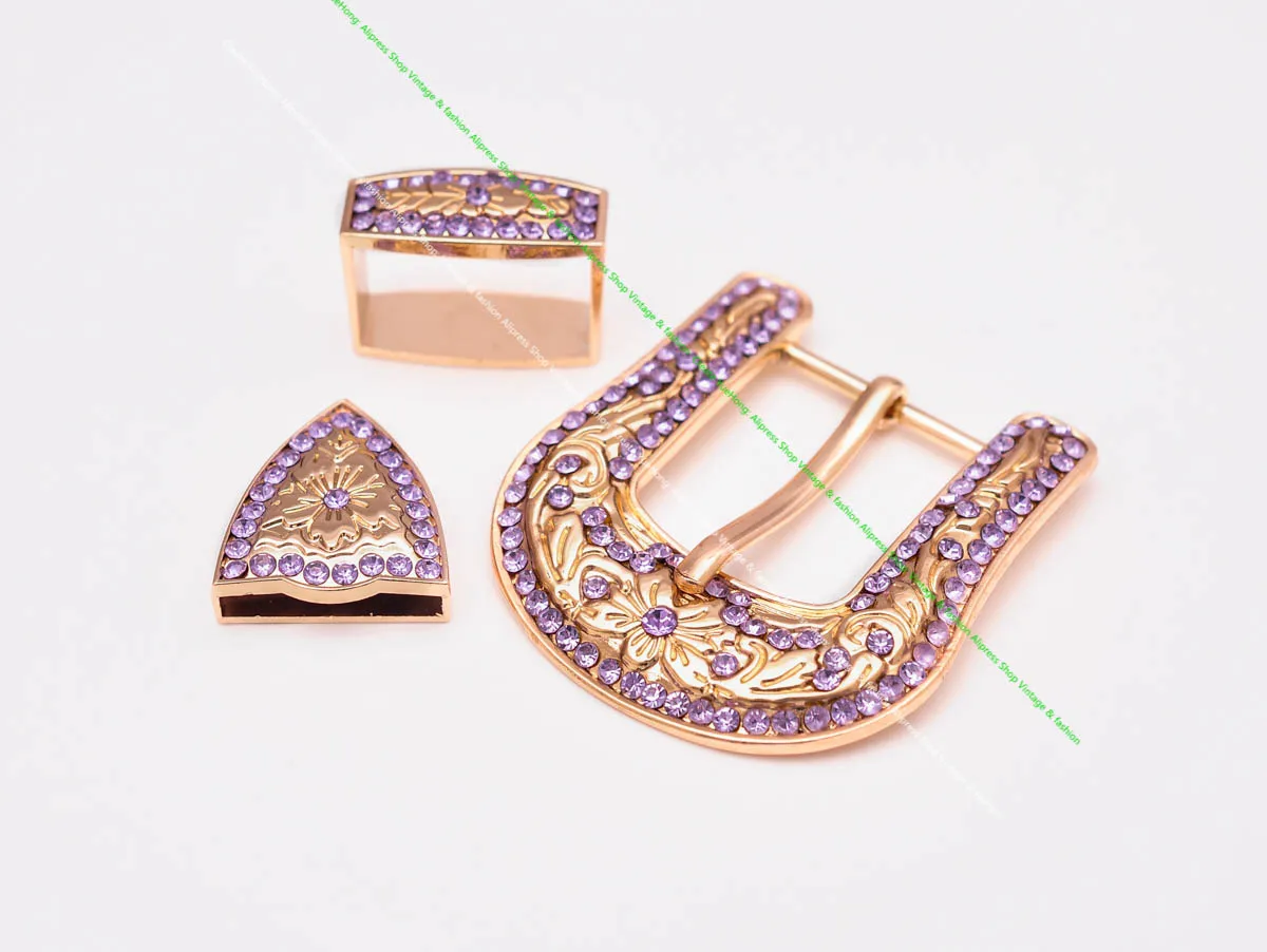 Bling Gold Western Cowboy Rodeo 3PCS Set Floral Carved Replacement Violet Rhinestone Crystal Belt Buckle Fit 30mm Strap