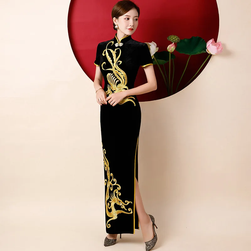 Chinese Traditional Women Gold Velvet Cheongsam Dress Elegant Ladies Vintage Dragon Phoenix Embroidery Velour Qipao Oversize 5XL