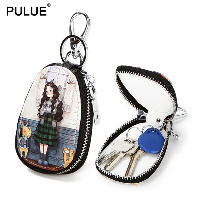 Fashion Painted Design Key Bag for Women Small Leather Key Wallets Housekeepers Car Key Holder Case New Leather Keychain Pouch