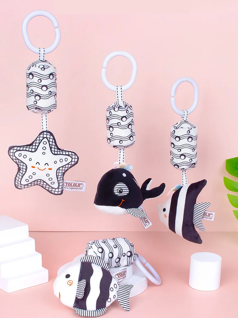 Baby Rattles Mobiles Baby Bed Accessories Kids Crib Bell Hangings Black And White Hand Painted Windbell Ocean Theme Cartoon Fish