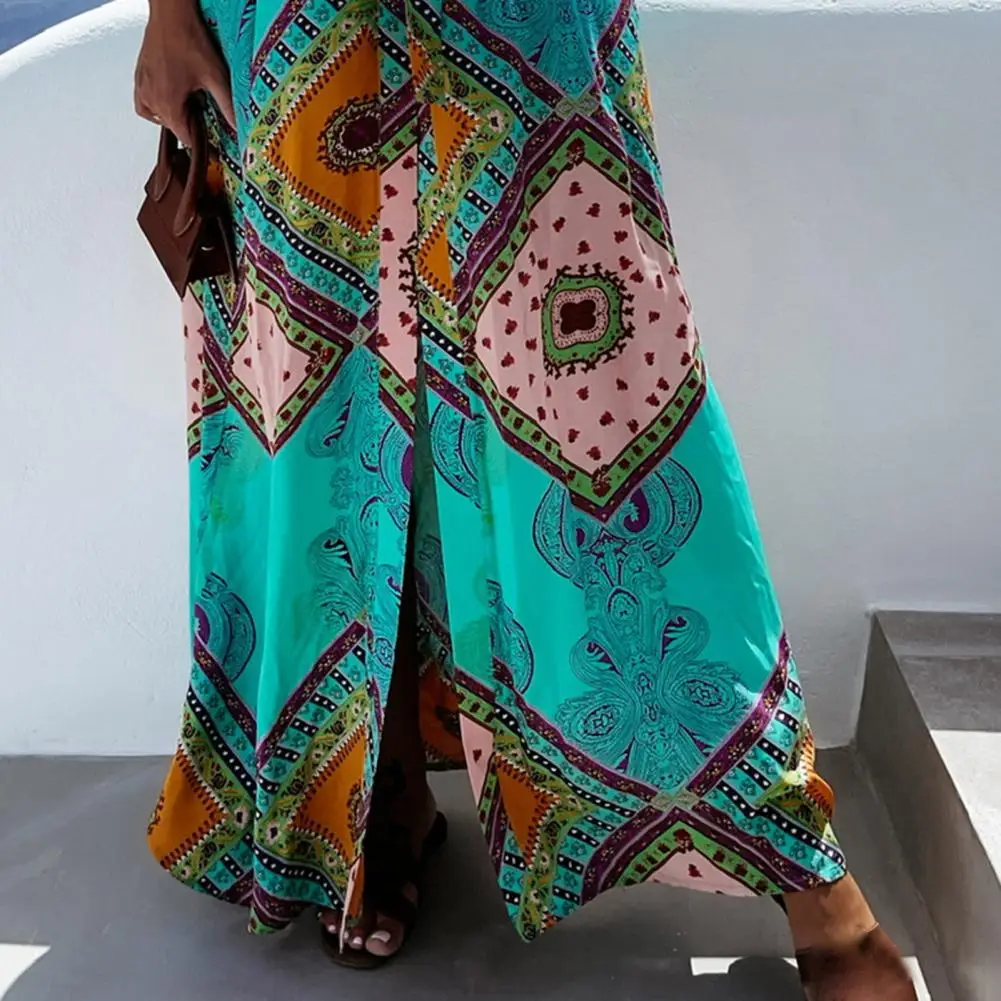 Women Maxi Dress Fashion Print V Neck Summer Beach Style High Split Large Hem Lace-Up Boho Dress Beachwear