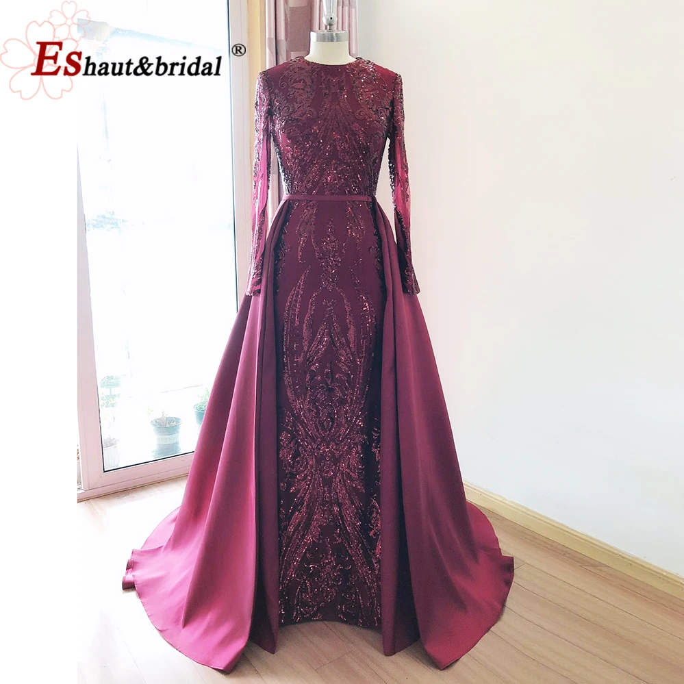 Elegant Wedding Evening Dress for Women 2024 Muslim Long Sleeves Mermaid Detachable Train Sequined Prom Party Gown Customized
