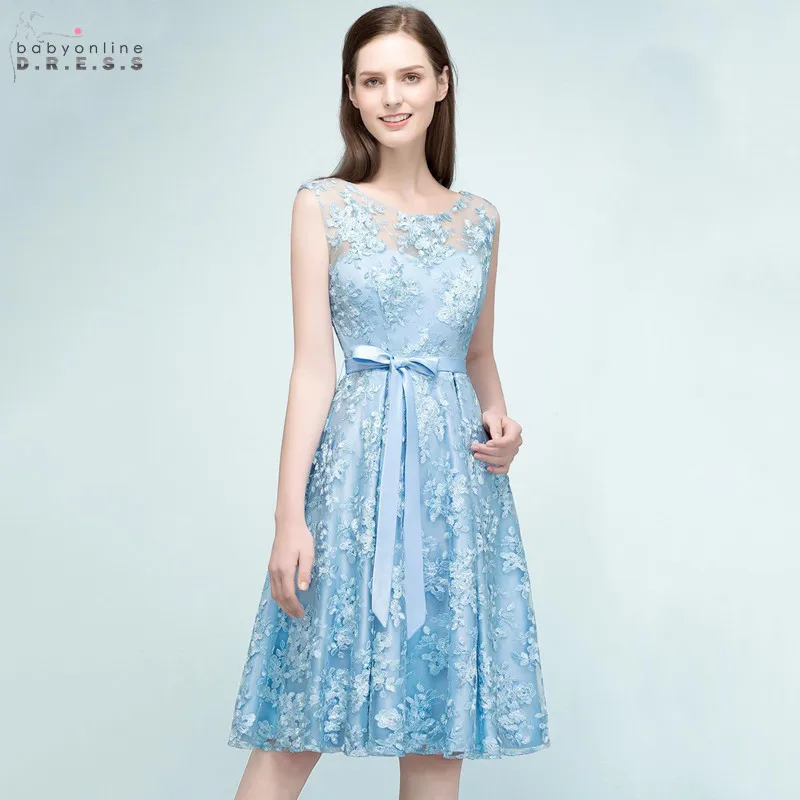 

Sexy Illusion Lace Short Cocktail Dresses 2019 Sky Blue Backless Bowknot Party Dresses With Ribbon Sashes Robe De Cocktail