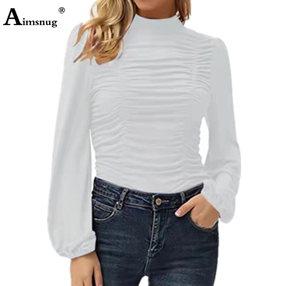 Manga longa feminina elegante moda shirring camiseta oversize roupas superiores femininas 2021 outono magro ruched camisetas camisa de gola alta