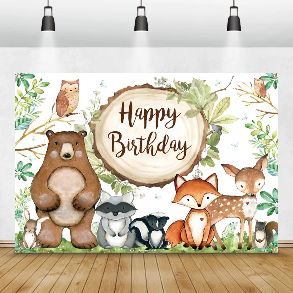 Laeacco Birthday Photophone Forest Flowers Leaves Safari Party Animals Newborn Kid Baby Shower Photography Backdrops Backgrounds