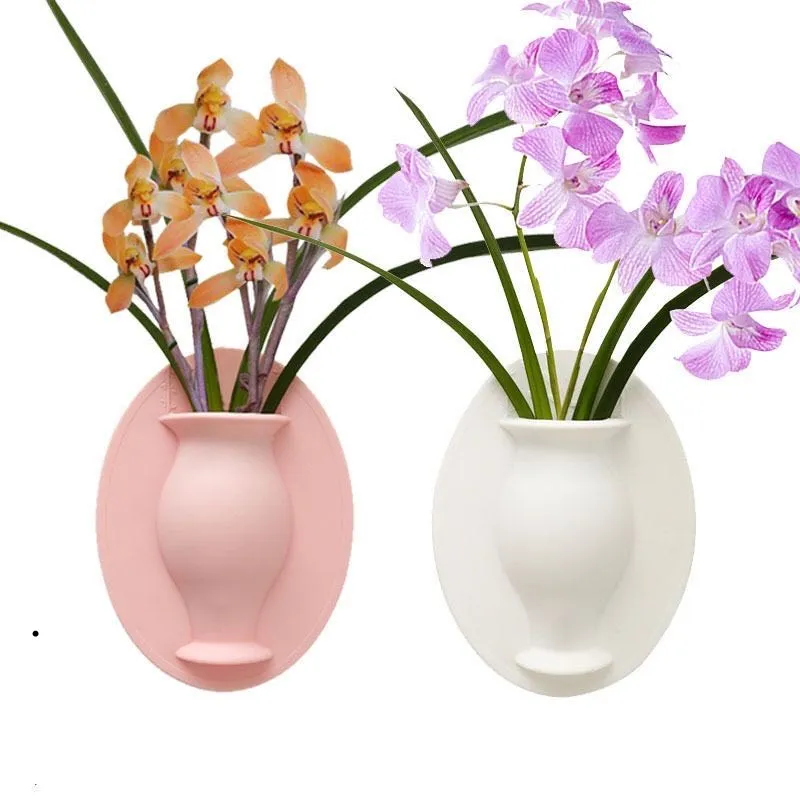 Wall Hanging Floret Bottle Silicone Vase Container Magic Sticker On Glass Plant Flower Pots Silicone Sticky Container Home Decor