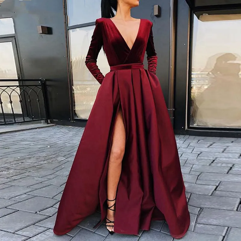 

Burgundy Muslim Evening Dresses 2022 V-Neck Velour Satin Formal Dress With Pockets High Slit Elegant Long Sleeve Evening Gowns