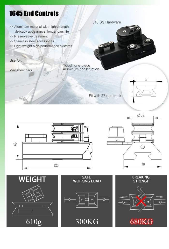 27mm Aluminum Traveler Track Car Endstops Marine Sailboat Hardware 1645