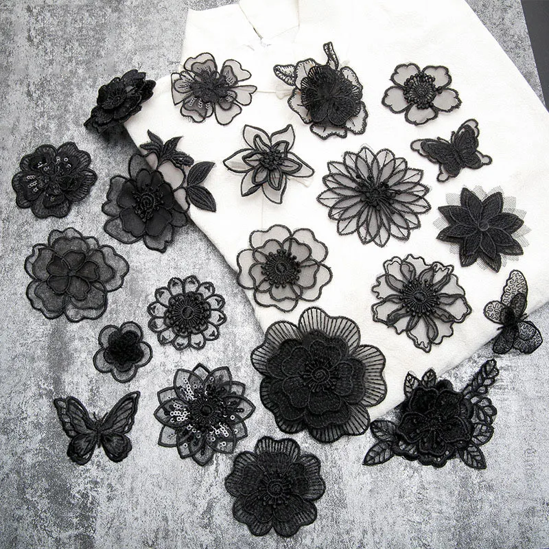 Thermo Black Lace Organza Flower Butterfly Embroidered Patches for Clohting Iron on Clothes Appliques Stripes Fabric Stickers