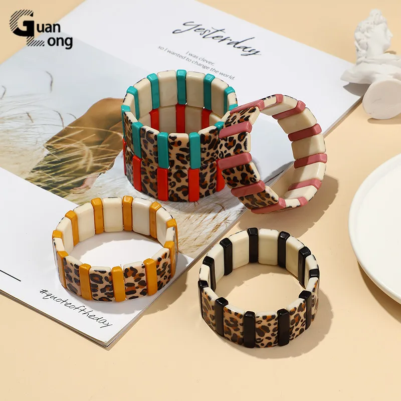 GuanLong Charm Adjustable Leopard Bracelets Bangles For Women ElasticCuff Bracelet Colorful Resin Acrylic Wide Rectangle Vintage