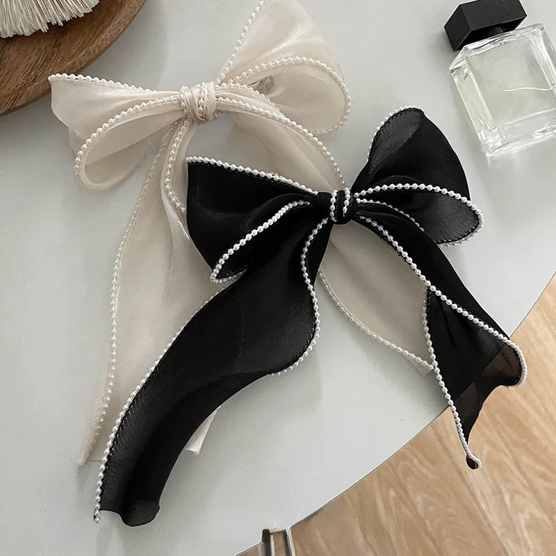 Eleganckie perłowe kokardki spinki do włosów kobiety kucyk szpilka kaczy dziób klip perłowa szyfonowa kokarda spinki do włosów Barrettes nakrycie głowy