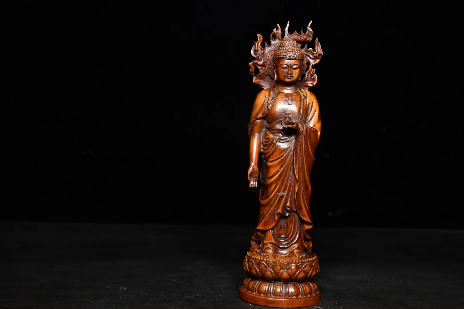 

8"Tibetan Temple Collection Old Boxwood Manjushri Buddha Standing Buddha flame Great Buddha Worship Hall Town house Exorcism