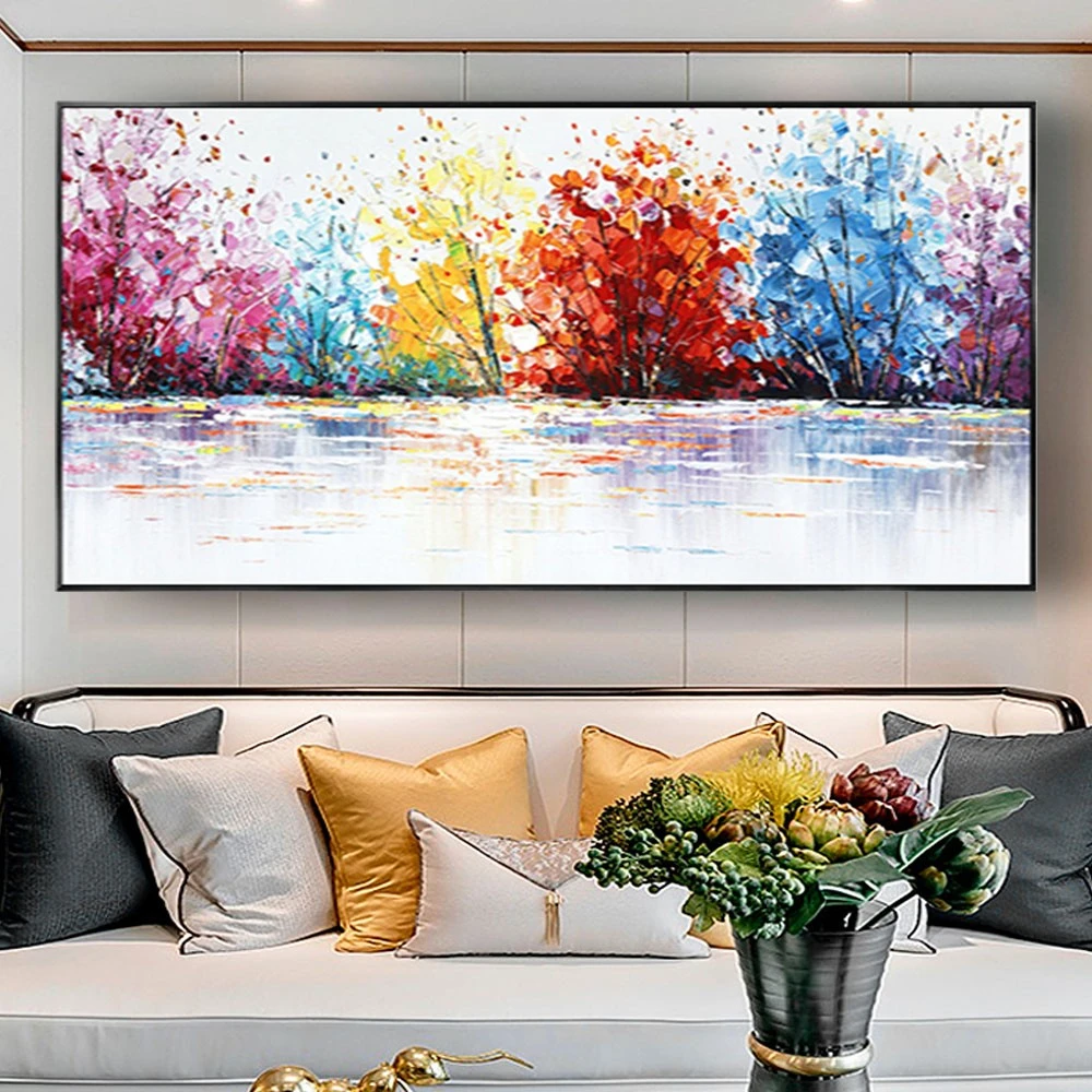 

Hand-Painted Large Modern Wall Art Acrylic Oil Painting Colorful Trees Water Reflection Abstract Textured Pop Poster For Home