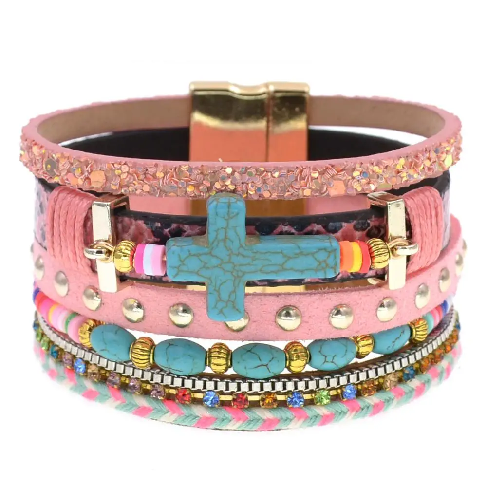 WELLMORE bohemia leather bracelets for women stone beaded corss multilayer bracelets charm Bracelets Female fashion Jewelry