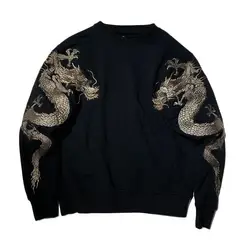 Golden Dragon Embroidered Men Boys Tops Pullover Long Sleeve All-Match Loose Spring Autumn Casual Streetwear High Street Fashion