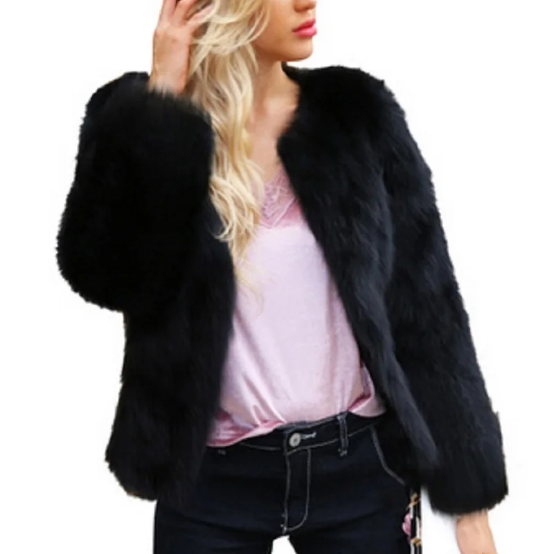 Pure Black Short Faux Fur Coat Women Casual Long Sleeve O-Neck Outerwear Autumn Winter Warm Plush Jacket Fashion Streetwear