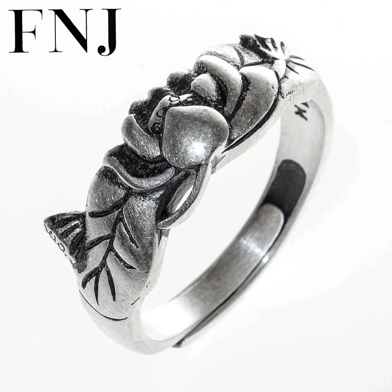 

FNJ 990 Silver Matte Lotus Flower Ring Original Pure S990 Sterling Silver Rings for Women Jewelry Open Adjustable Size