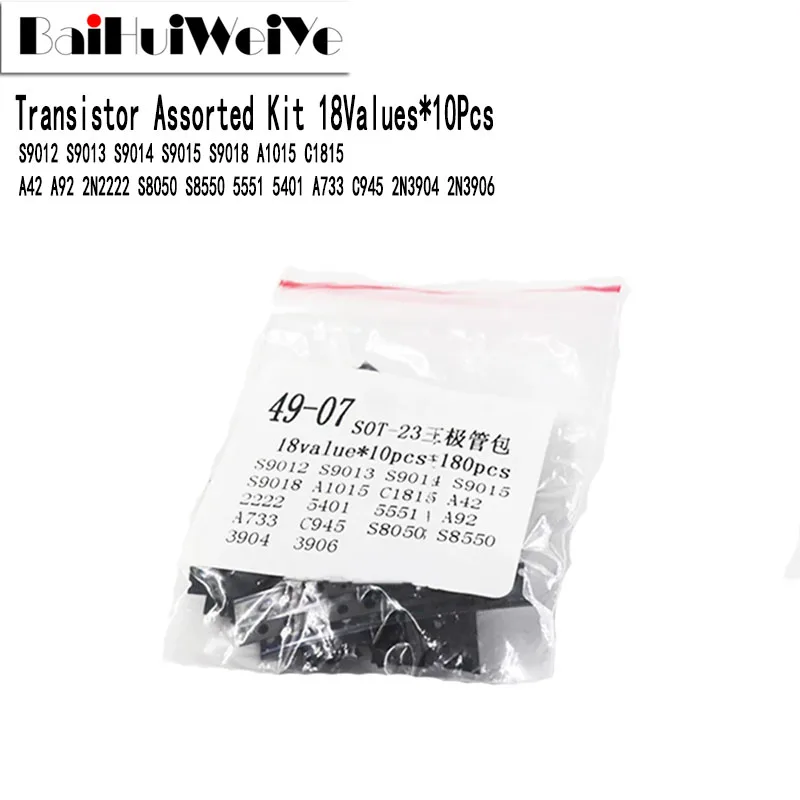 180Pcs Transistor Assorted Kit SOT-23 18kinds*10Pcs S9012 S9013 S9014 S9015 S9018 A1015 C1815 A42 A92 2N2222 S8050 S8550 2N5551