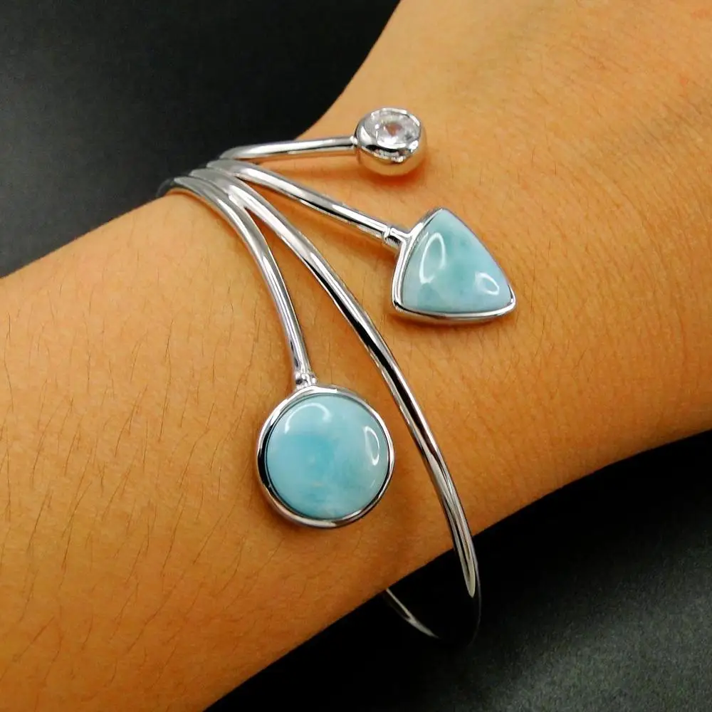 

High Quality Real Natural Larimar Bangle Cuff Larimar Leaf Bangle 925 Sterling Silver Women Bracelet for Gift