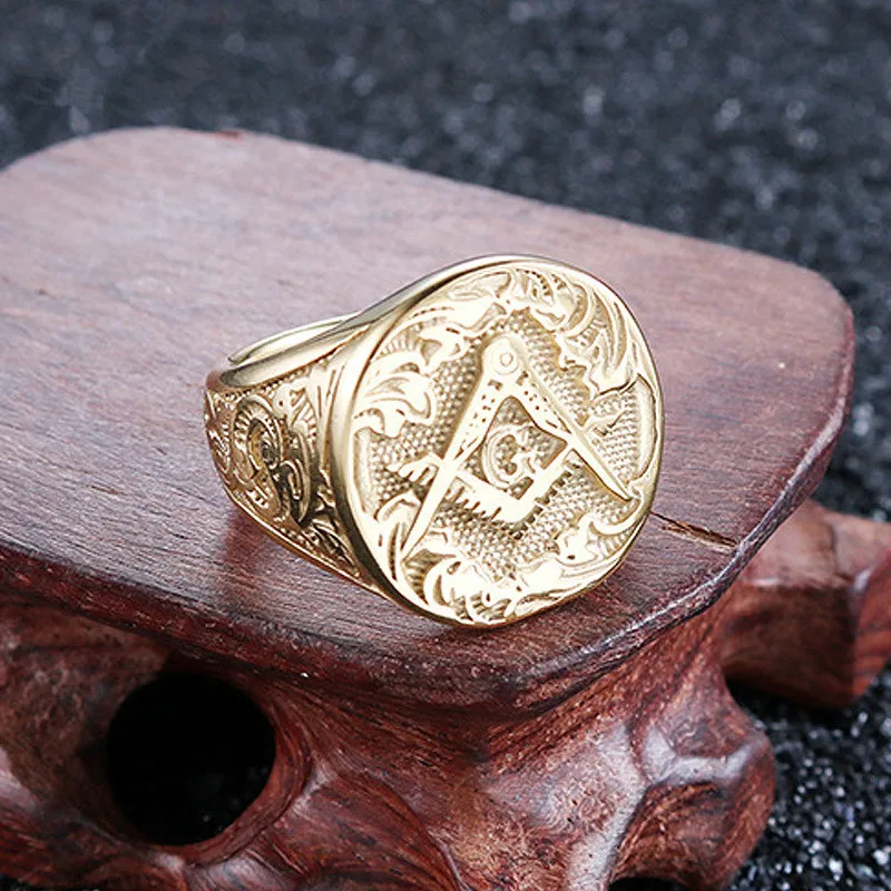 Vintage Men Gold Plated Masonic Ring Masonic Church Ring Mason Ring Hip Hop Punk Ring Banquet Jewelry Father's Day Party Gift