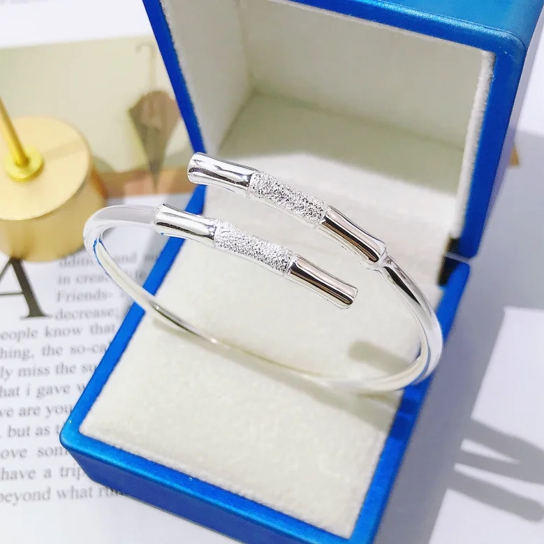 

Genuine 999 Sterling Silver Bracelet Precious Frosted & Glossy Bamboo Joint Pure Silver Luxury Jewelry Adjustable Opening Bangle