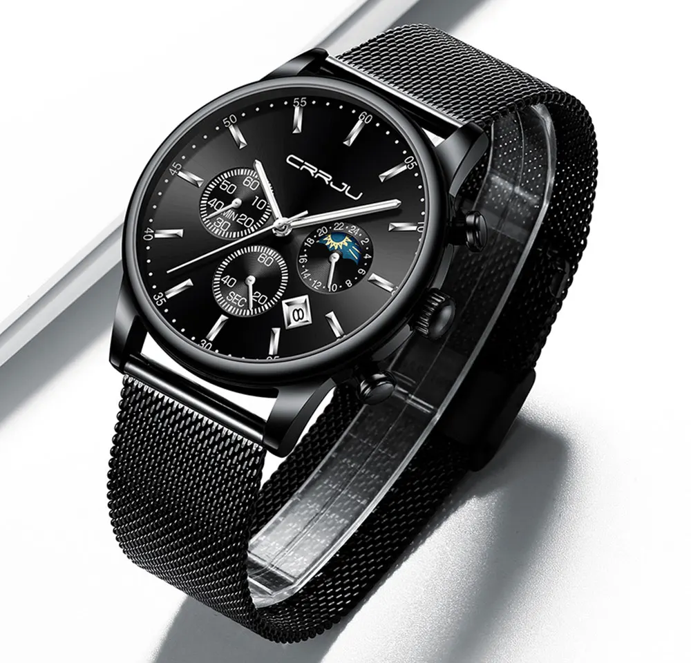

Новые CRRJU повседневные сетчатые часы с хронографом, кварцевые золотые часы, лучший бренд, роскошные водонепроницаемые часы с датой, Relogio Masculino